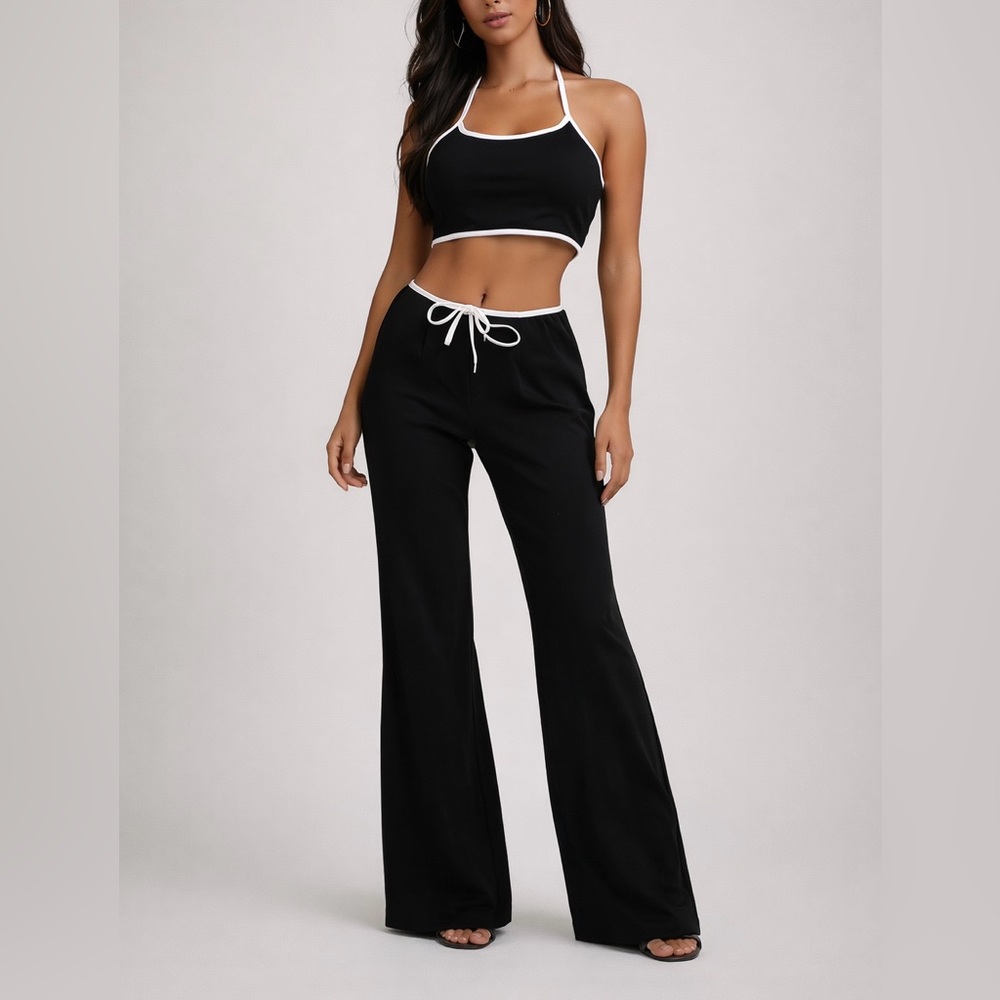 ADIKA 2 Piece Flare Leggings Crop Tank Halter Top Lounge Set Sz XS EUC